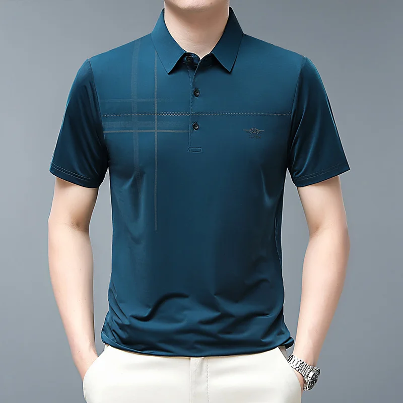 

#6056 Striped Printed Polo Shirt Men Short Sleeve Business Polo T Shirt Buttons Slim Fit Korean Style Solid Color Men's Clothing