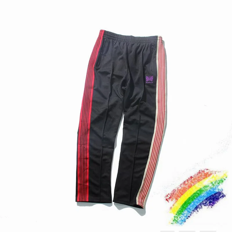 

2021ss AWGE Needles Sweatpants Women Men Asymmetric Color AWGE Pants Butterfly Embroidery Joggers Needles Trousers