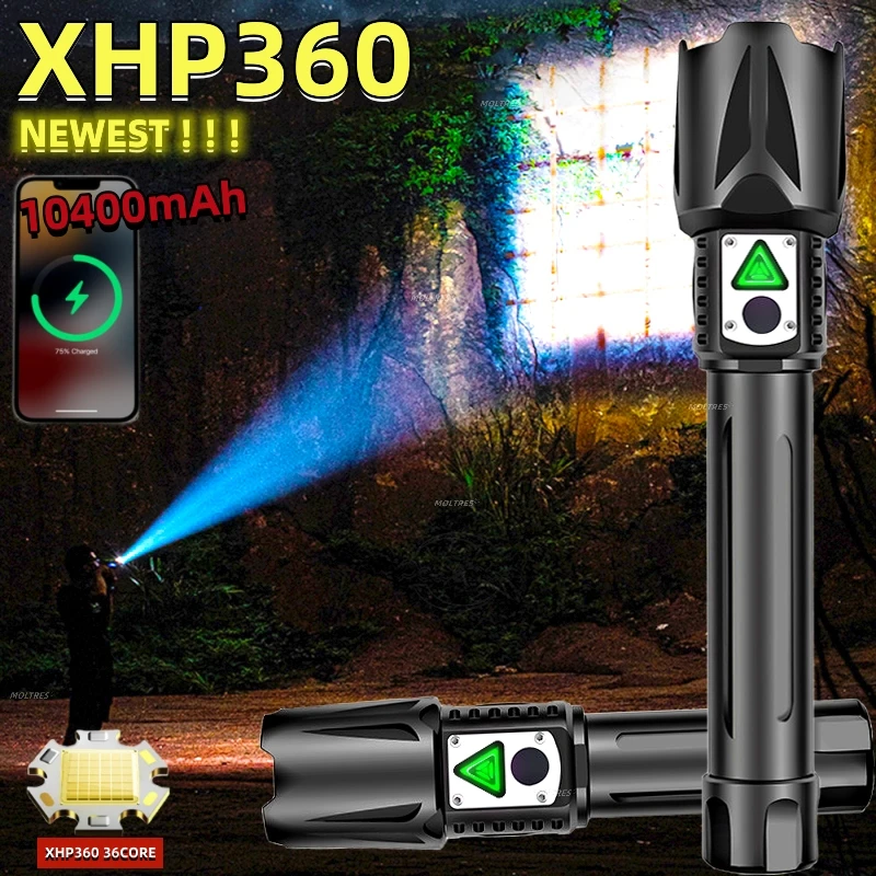 

Светодиодный фонарик высокой мощности, 26650 лм, XHP360.2, дисплей аккумулятора, масштабируемый, водонепроницаемый, тактический, охотничий, 5 режи...