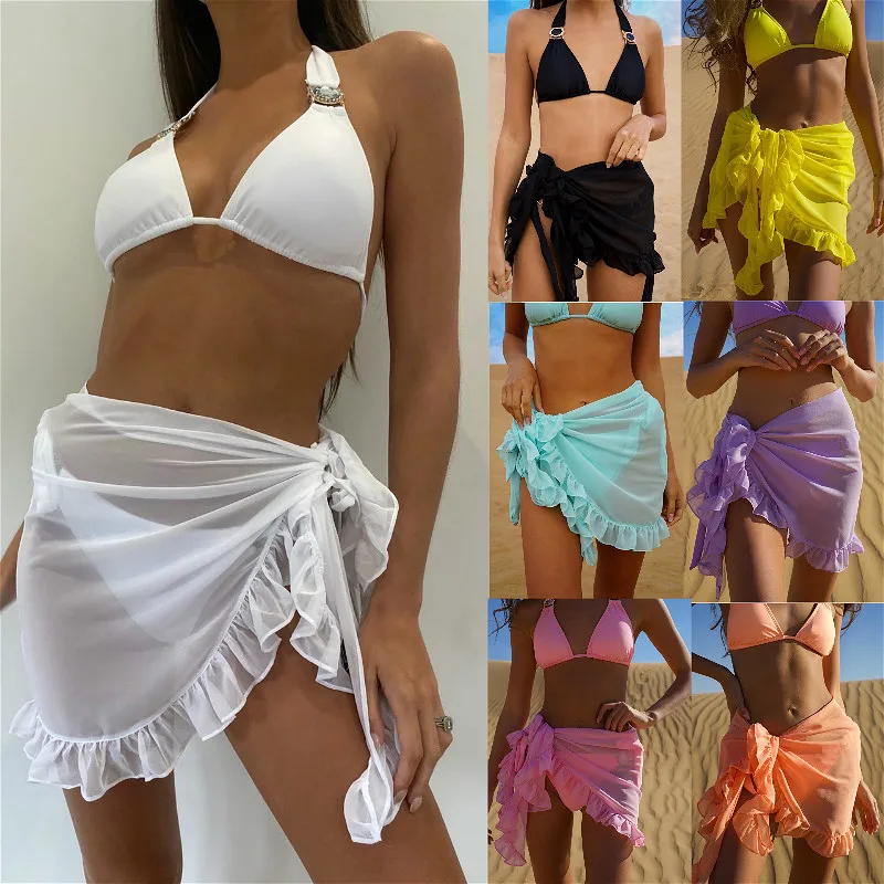 2022 New Women Chiffon Swimwear Pareo Scarf Bikini Cover-Ups Wrap Kaftan Sarong Beach Sexy Skirts 9 Color Swimsuit Cover-Ups