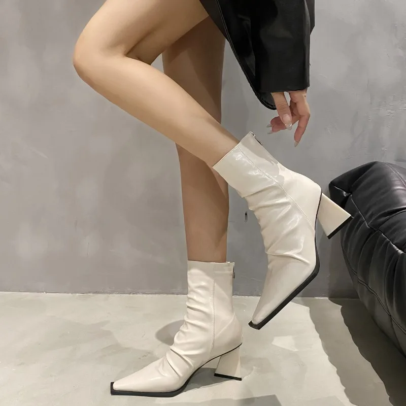 

Женская обувь 2023 Брендовые женские ботинки на молнии модные плиссированные офисные и деловые привлекательные ботильоны с острым носком женская обувь