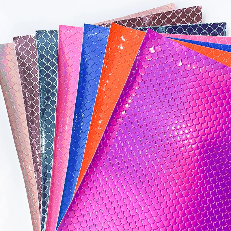 

Fish Scale/Mermaid Printed PU Holographic Metallic Mirror Laser Faux Fabric Leather Sheet for Shoe/Bag/Decoration/hair bow