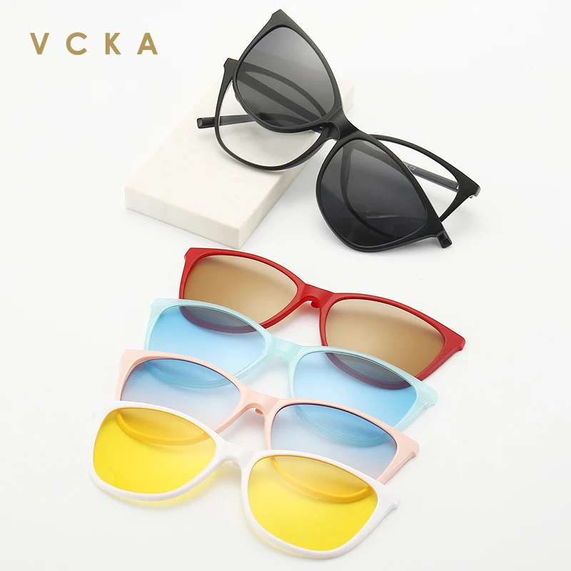 

VCKA 6 In 1 Magnetic Clip Sunglasses Prescription Glasses Frame Men Women Polarized or Night Vision Lenses Cat Eyes TR90 Frame
