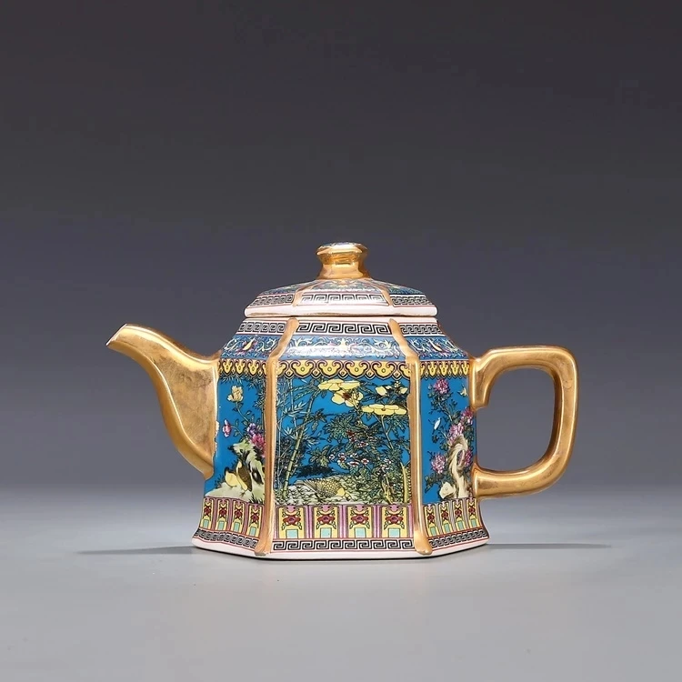

Старинный эмалированный Золотой чайник Цзиндэчжэнь Qianlong с ручкой шестигранный чайник с узором в виде цветов и птиц старинный керамический ...