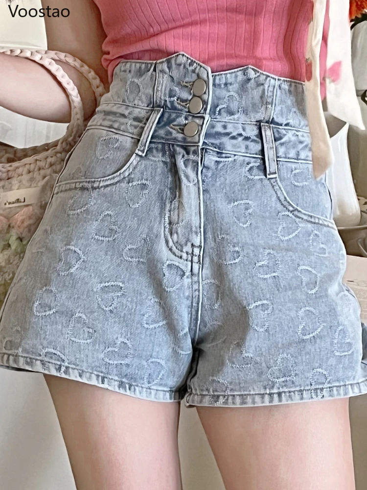 Summer Lolita Style Denim Shorts Women Sweet Vintage Heart High Waist Short Pants Girly Harajuku Y2K Back Bow Wide Leg Jeans