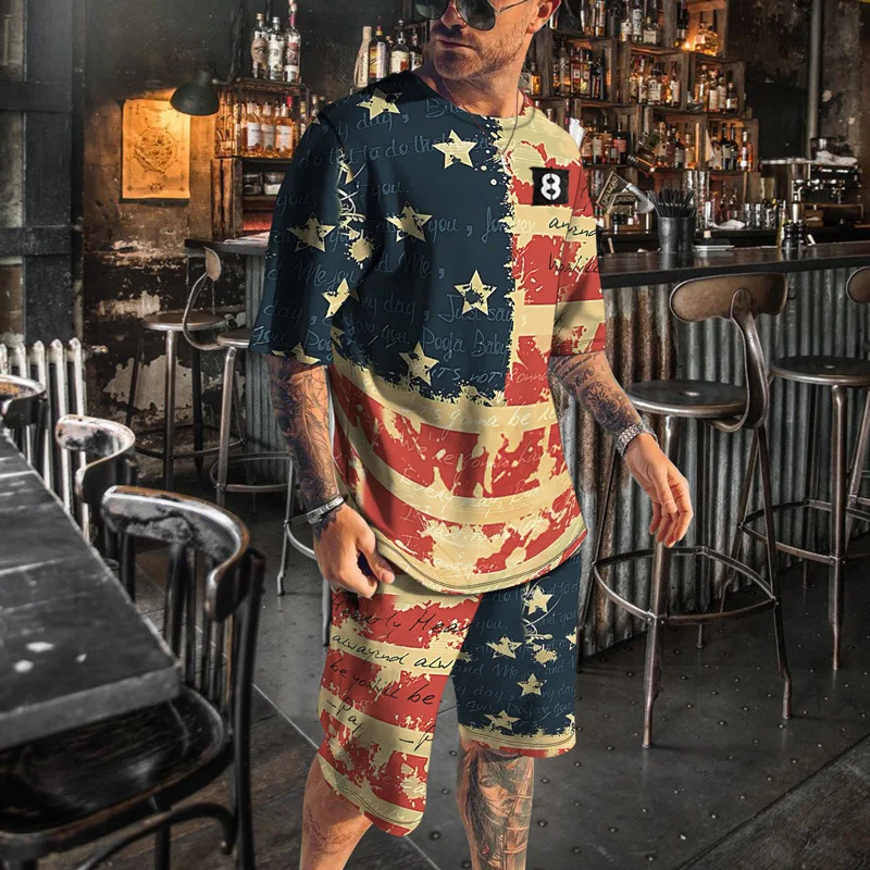 Tracksuit Outfit Summer Man U.S. Route 66 Print Hawaii Short Sleeve   T-Shirt 2-Piece Oversized  Jogger Suit Short Pant Set