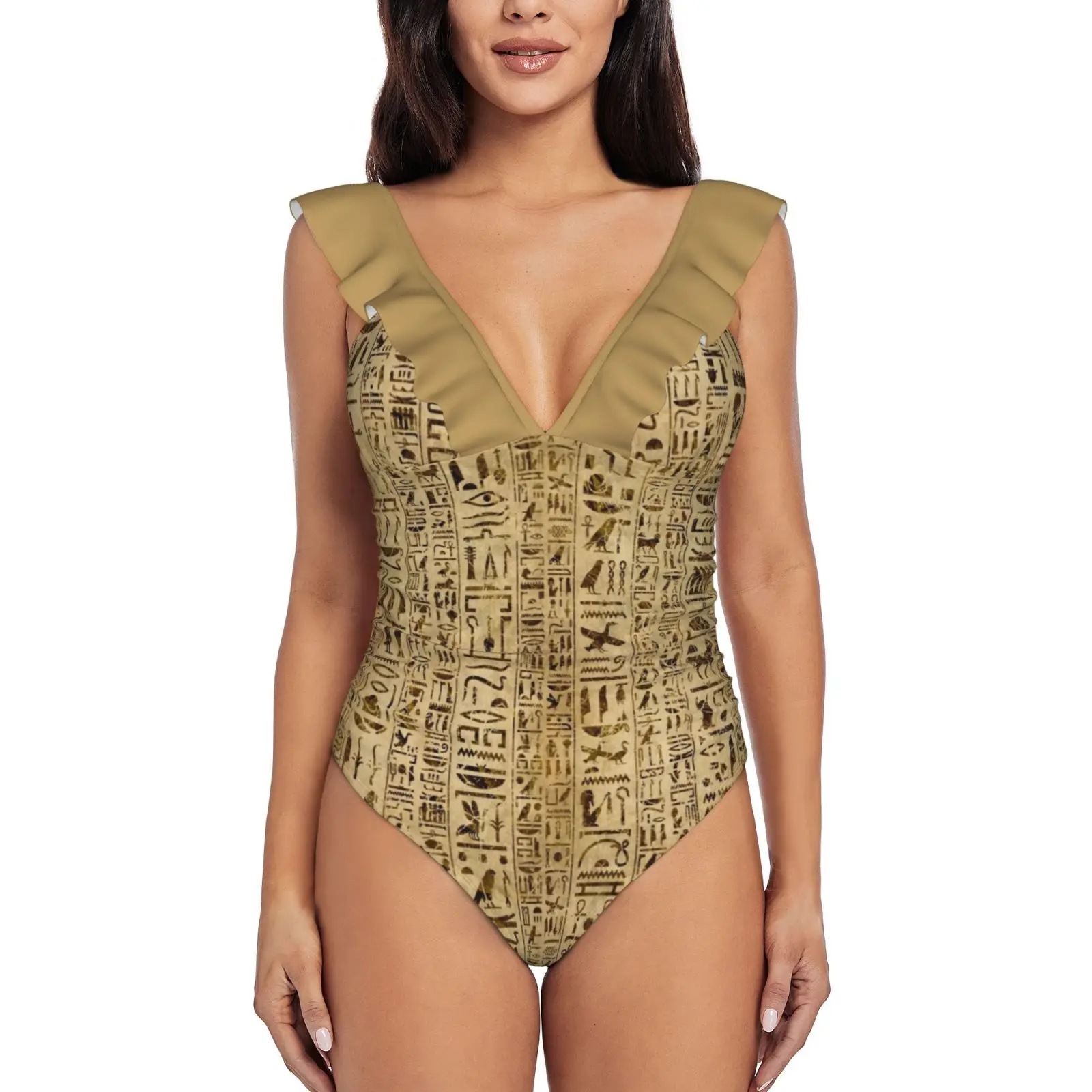 

Египетский хироглиф на папирусе, слитный купальник с оборками, женский сексуальный Монокини, купальник, новые пляжные купальные костюмы, Ег...