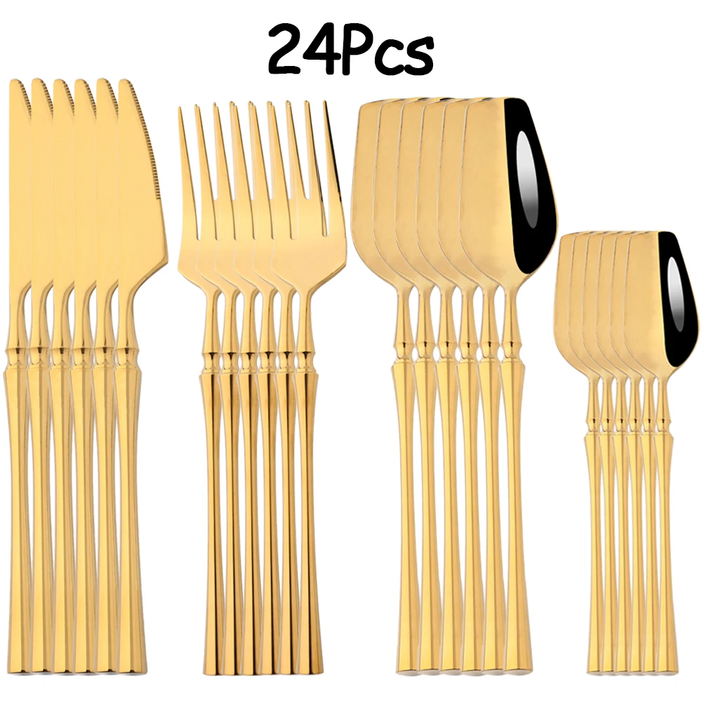 

24Pcs Gold Dinnerware Set Luxury Stainless Steel Mirror Cutlery Knife Fork Spoon Dinnerware Kitchen Dinner Hotel Supply