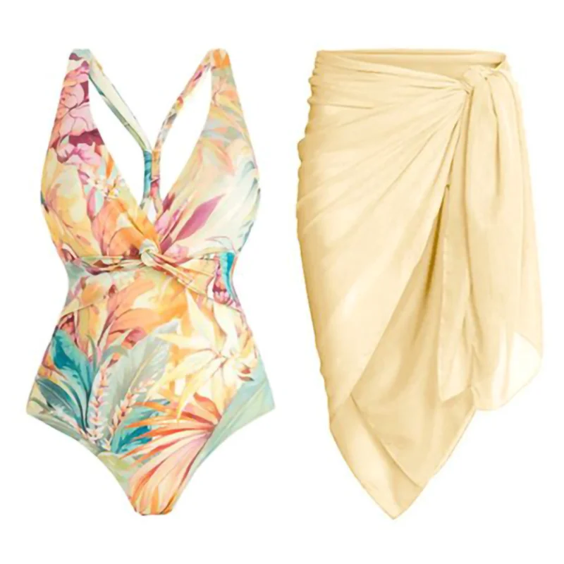 

Yellow V-neck Flower Print One-piece Swimsuit Sexy Gathering Waist Bikini Women Halter Fashion Irregular Solid Color Cover Up