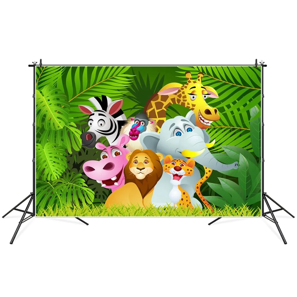 

Tropical Jungle Animals Safari Party Photography Backgrounds Custom Leaves Lion Giraffe Baby Birthday Decoration Photo Backdrops