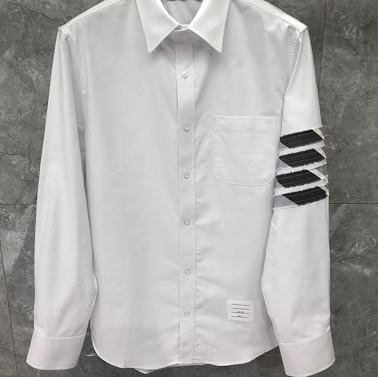 TB Men's Shirts Fashion New Shirts Men Slim White Striped Long Sleeve Casual Shirt Turn Down Collar Oxford Solid Men's Clothing