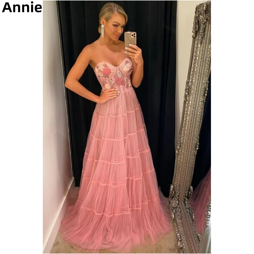 

Annie Hand Embroidery Prom Dresses Strapless Tulle Party Dresses Sweetheart Pink 2023 Vestidos De Noche فساتين للحفلات الراقصة