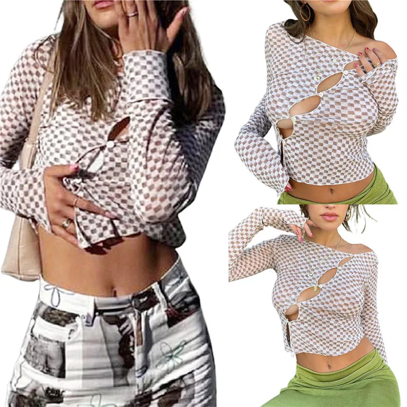 

Plaid Print Hollow Out Cardigan Women Y2k Long Sleeve Crop Top Tshirt Vintage Harajuku Streetwear E-girl Fairy Tops