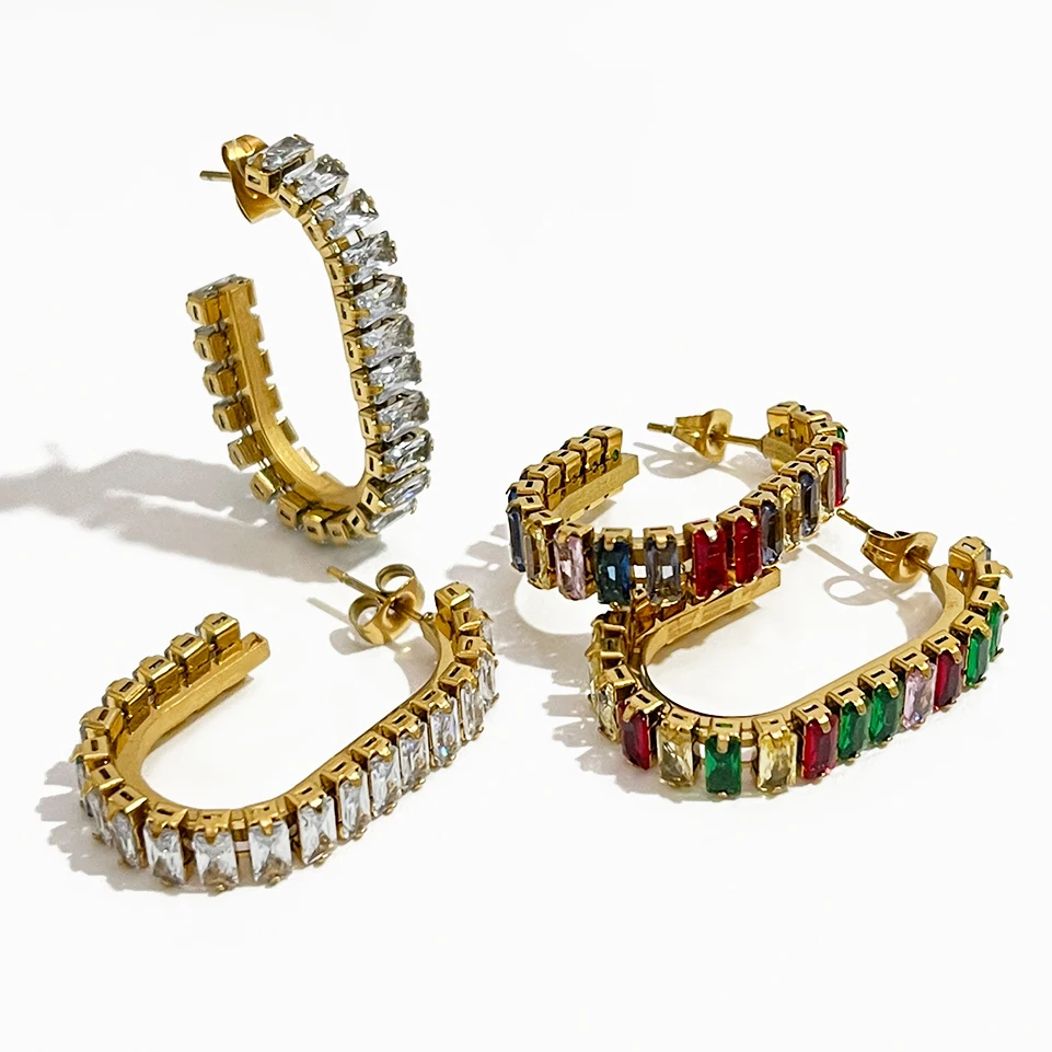 

Peri'sBox позолоченная Радужная багета из ПВД с фианитами женские крупные ювелирные изделия из нержавеющей стали толстые U-образные серьги