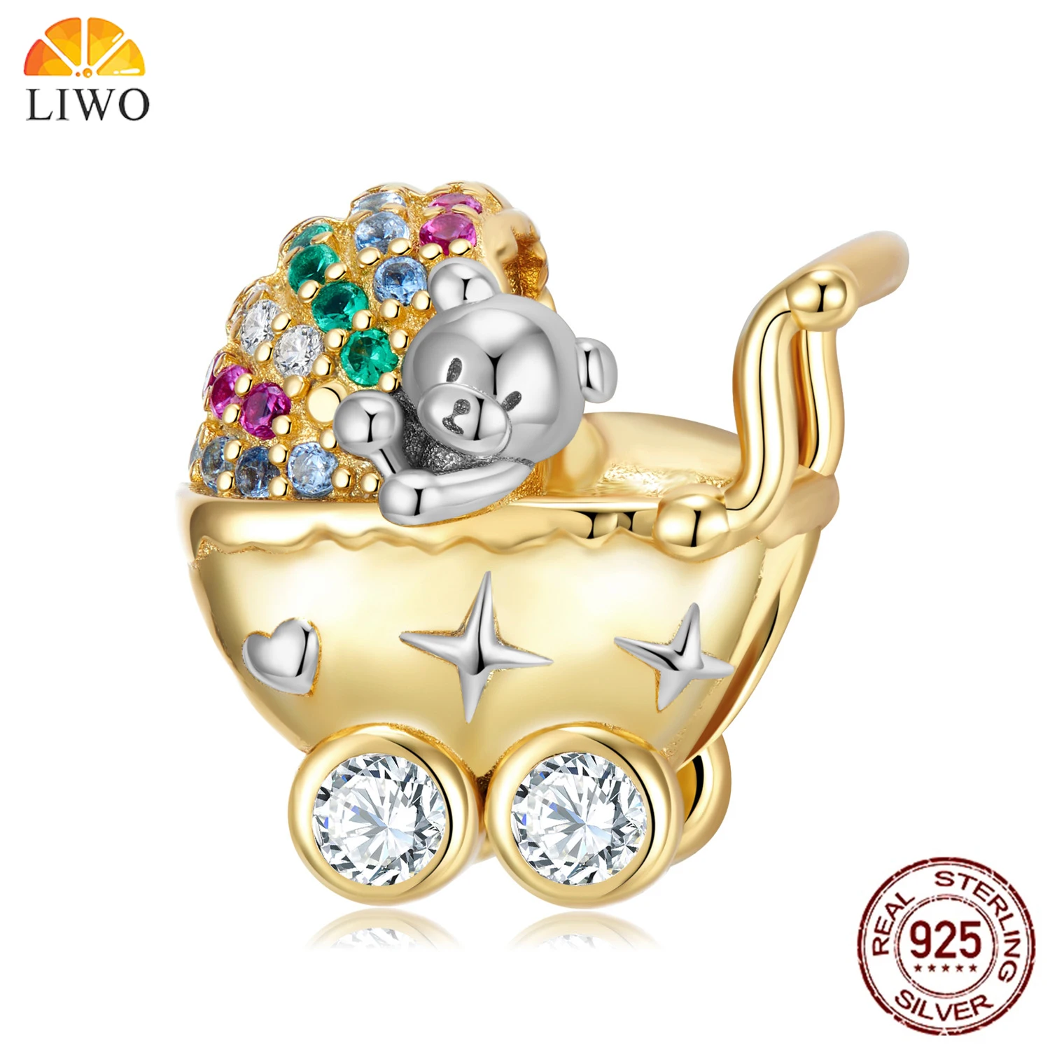 

Liwo 925 Sterling Silver Star Bear Stroller Cubic Zirconia Bead Bracelet DIY Accessories Gold Plated Charm CZ Bead Fine Jewelry