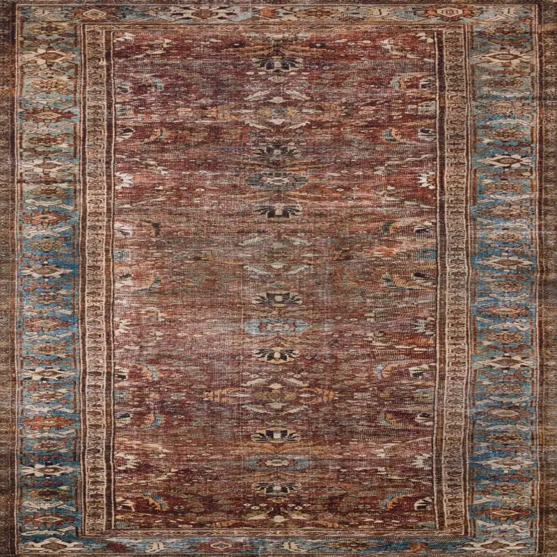 

Layla Oriental Distressed Brick & Blue Area Rug with Printed Design