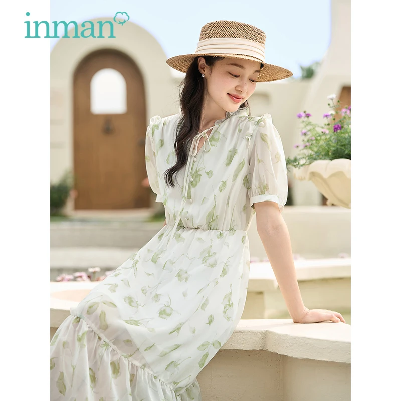 INMAN Women Dress 2023 Summer Puff Sleeve Lace Up V Neck A-shaped Slim Waist Floral Print Elegant Holiday Long Skirt