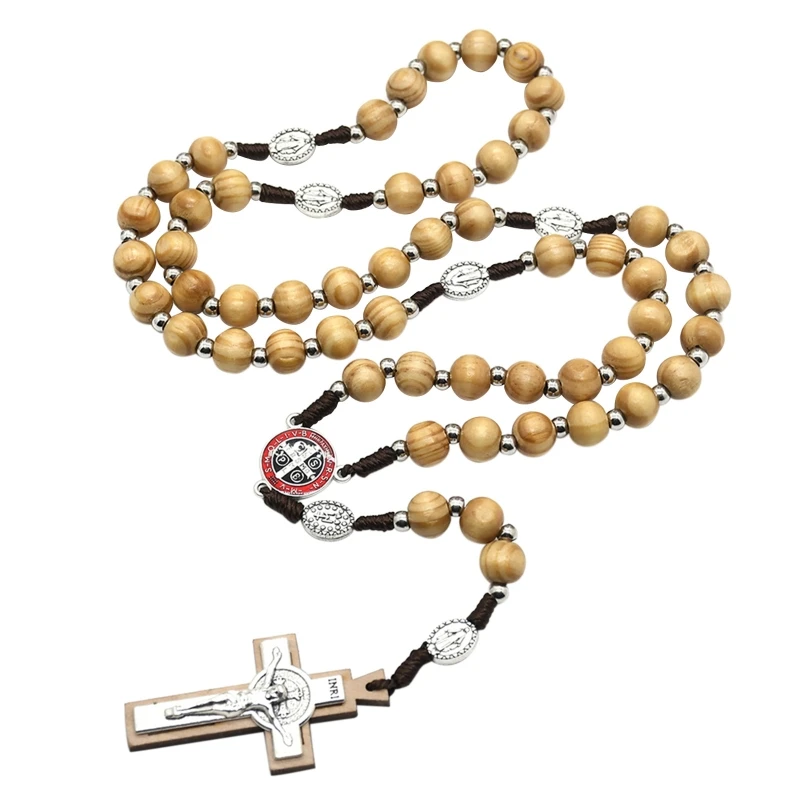 Wooden Cross Rosary Necklaces Wood Bead Hanging Christian Pendant for Women Men Religious Praying Jewelry Gift Supplies
