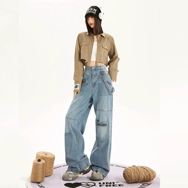 UNIFREE Pocket Panels Women's Jeans Vintage Wash High Waist Women's Cargo Pants High Street y2k Baggy Jeans for Women