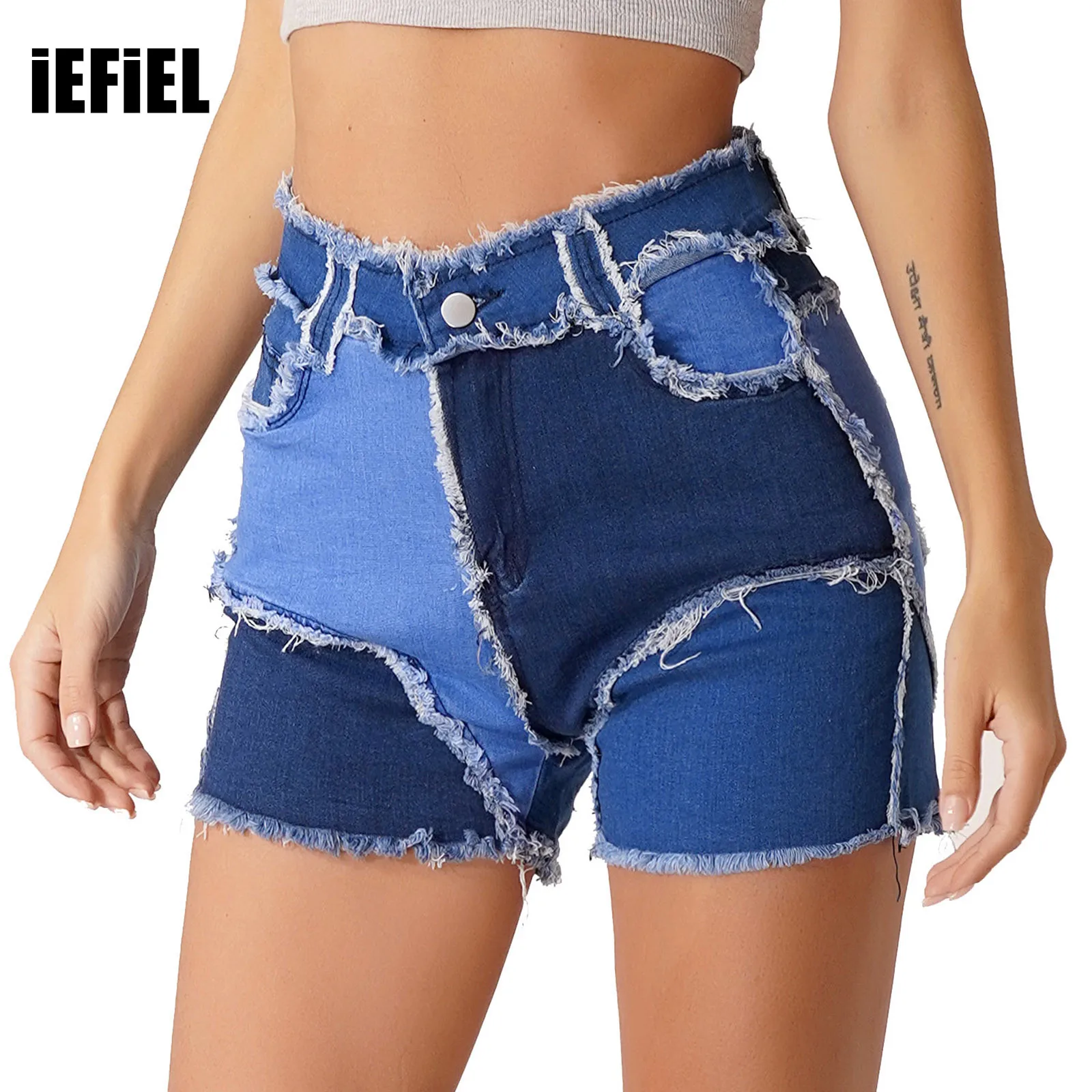 Women Fashion Color Block Denim Shorts Patchwork Frayed Hem Short Jeans High Waist Hot Pants for Club Music Festival