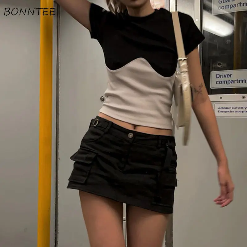 

T-shirts Women Patchwork Personality Design Trendy All-match Creativity Retro Simple Leisure Skinny Sexy Summer Ulzzang Ladies