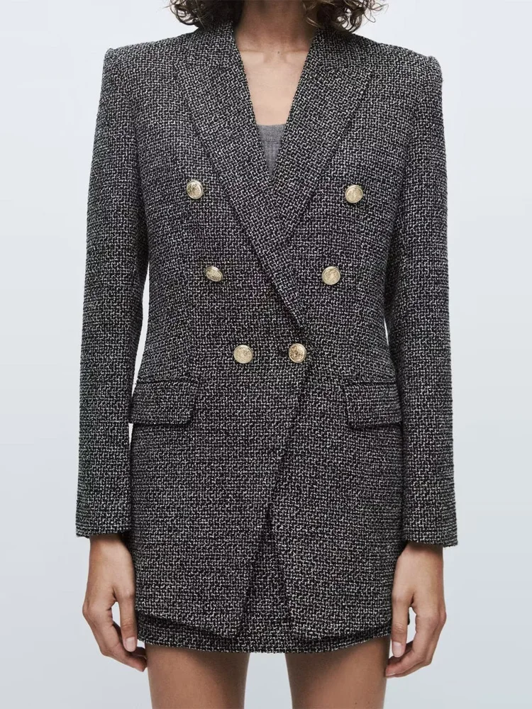 

Women Autumn Veins Blazers Suit Coats 2022 Casual Double Breasted Plaid Female Elegant OL Street Blazer Outerwear
