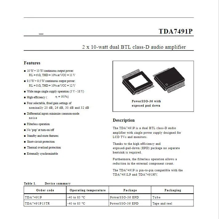 2 шт./лот TDA7491P TDA7491P13TR SSOP-36 2x10-watt dual BTL class-D аудиоусилитель 100% новый импортный