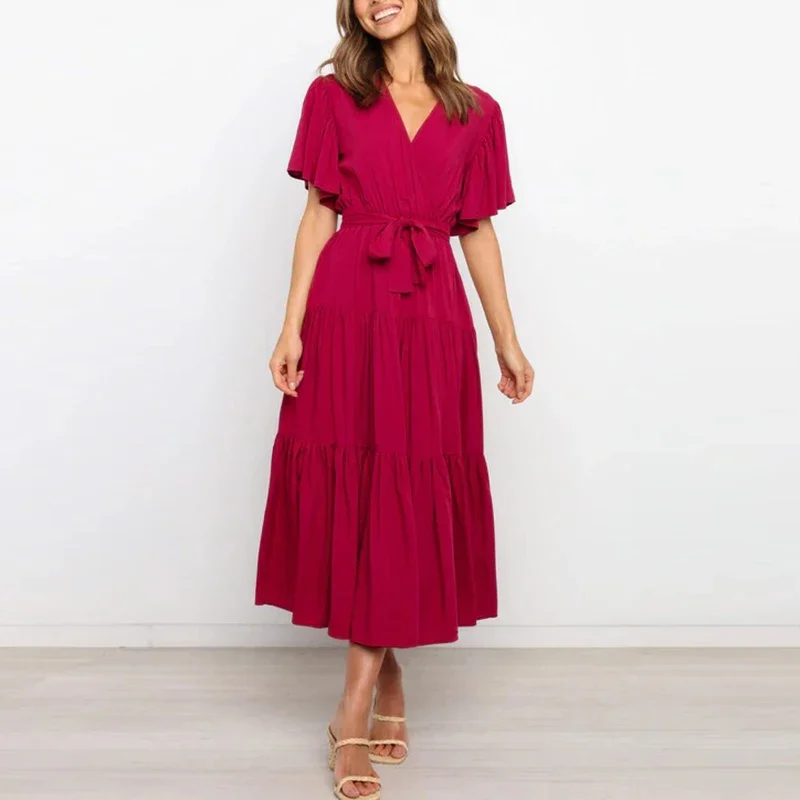 Платье-макси женское однотонное с коротким рукавом и высокой талией