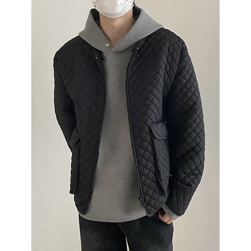 Winter Jacket Men Warm Fashion Casual Beige Black Plaid Jackets Men Korean Loose O Neck Short Coat Mens Parker Clothes M-XL