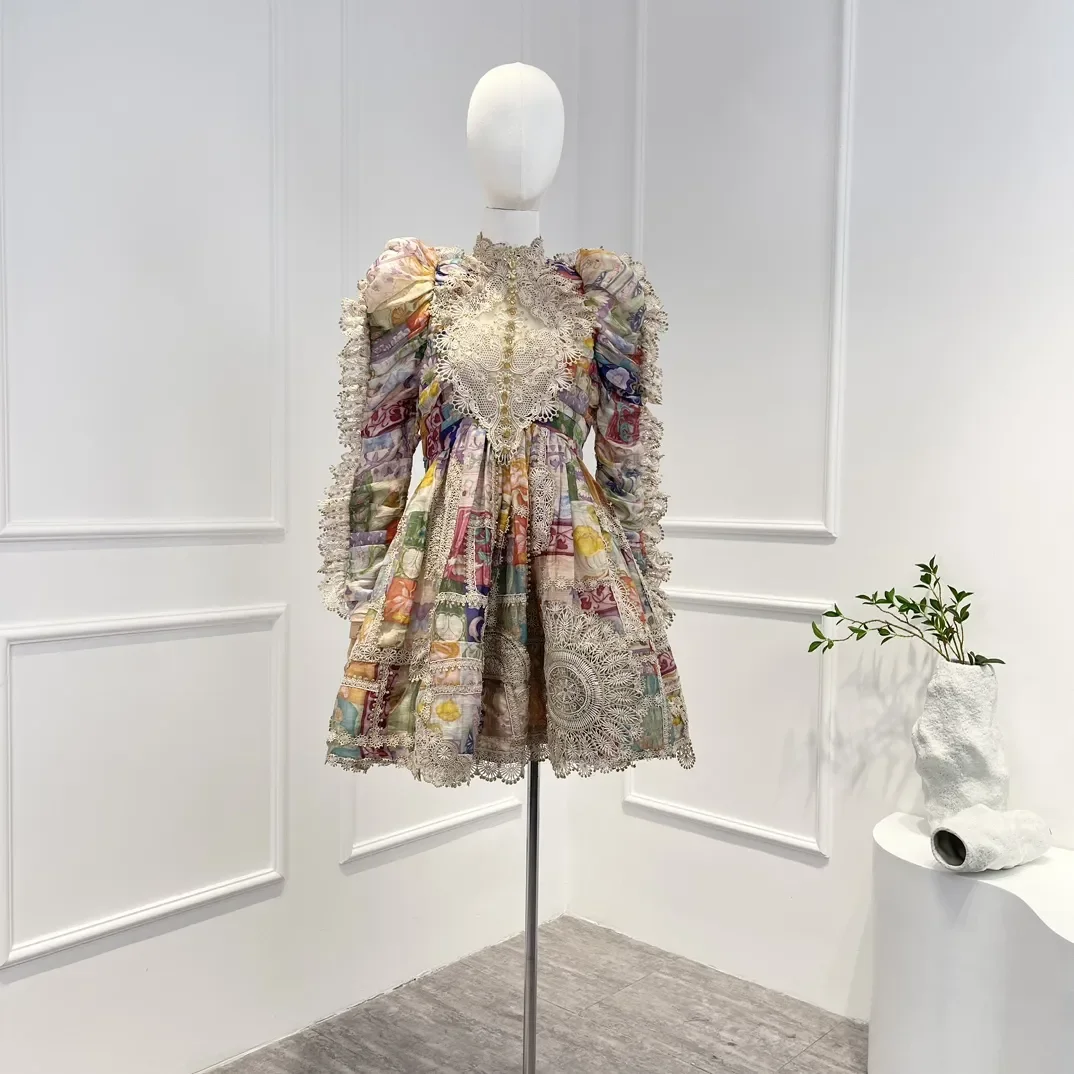 

Newwomen 2023 Long Sleeve Stand Collar Print Gold Embroidery Princess Dress