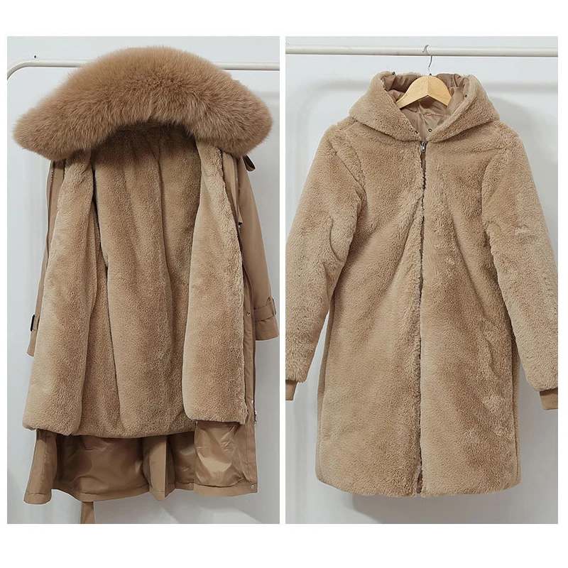 Korean Style Women Winter Jacket Hooded Thicken Parkas Coat Fleece Wool Liner Distachable Warm Long Thick Faux Fur Padded Parkas