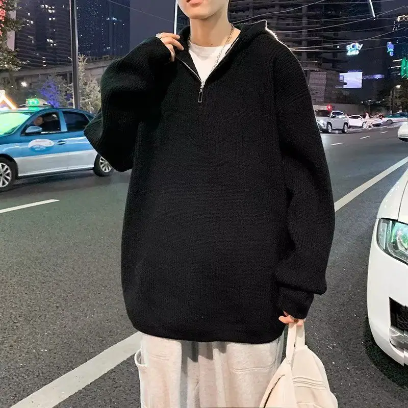 Большие размеры 50 00 кг Свободный свитер с капюшоном на молнии Мужская одежда