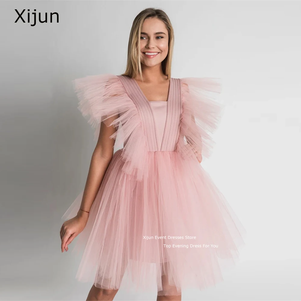 

Xijun Pink Simple Mini Evening Dress V-Neck A-Line Short Homecoming Dress Vestido De 2023 Prom Gowns Formal Party Dress Ruffles