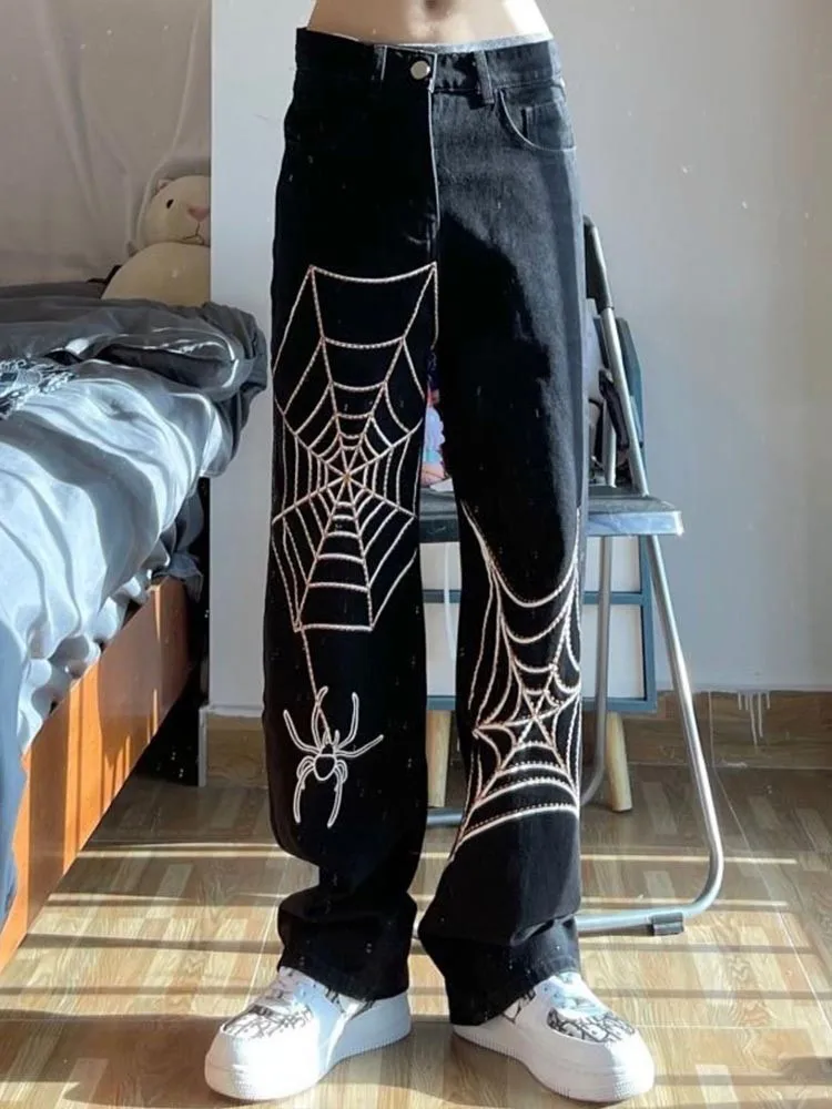 

Women's Spider Web Embroidery Black Jeans 2022 Harajuku Vintage Streetwear Jeans High Waisted Loose Straight Wide Leg Y2k Pants