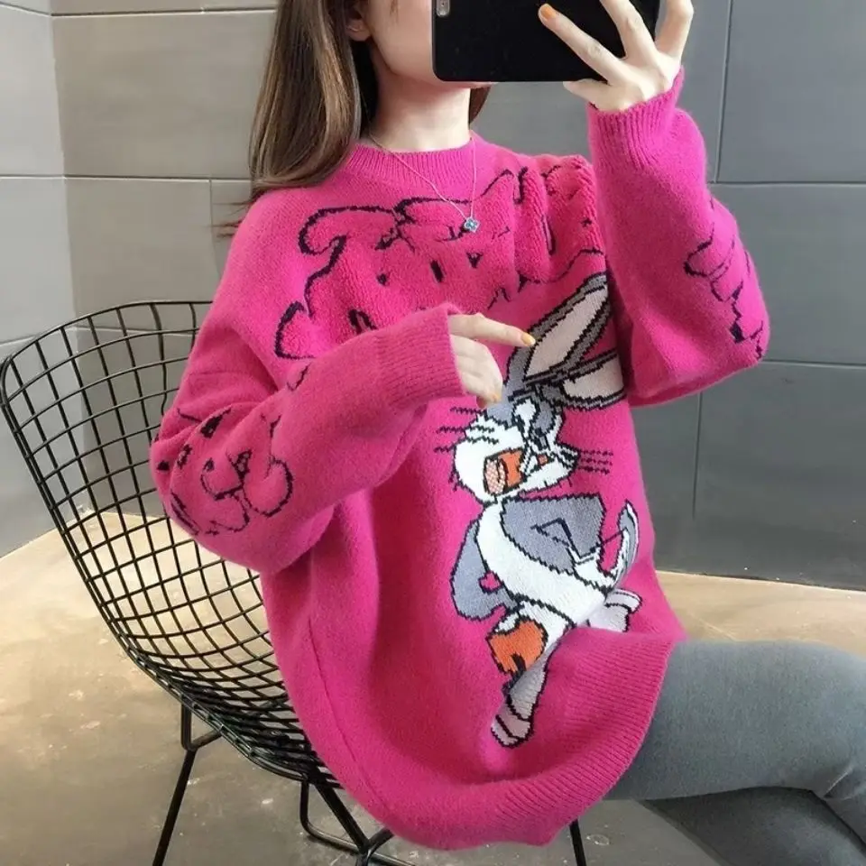 

New Korean Sweet Loose Outer Wear Kawaii Wool Pullover Cartoon Anime Rabbit Harajuku Sweater Women Autumn Winter Orange