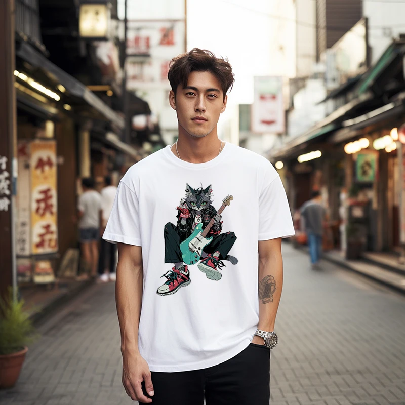 

Men's and women's pure cotton pet-themed cat loose-fitting versatile couple's T-shirts featuring a Rock Bassist