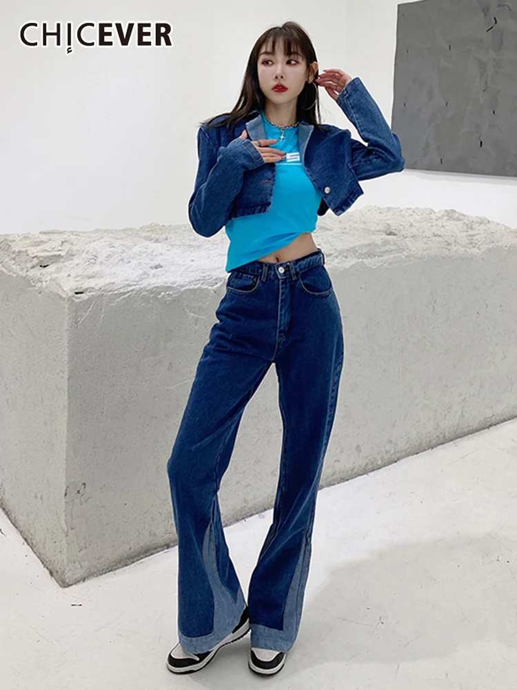 CHICEVER Solid Color Denim Two Piece Sets For Female Lapel Collar Long Sleeve Cropped Top With High Waist Pant Women's Set Style