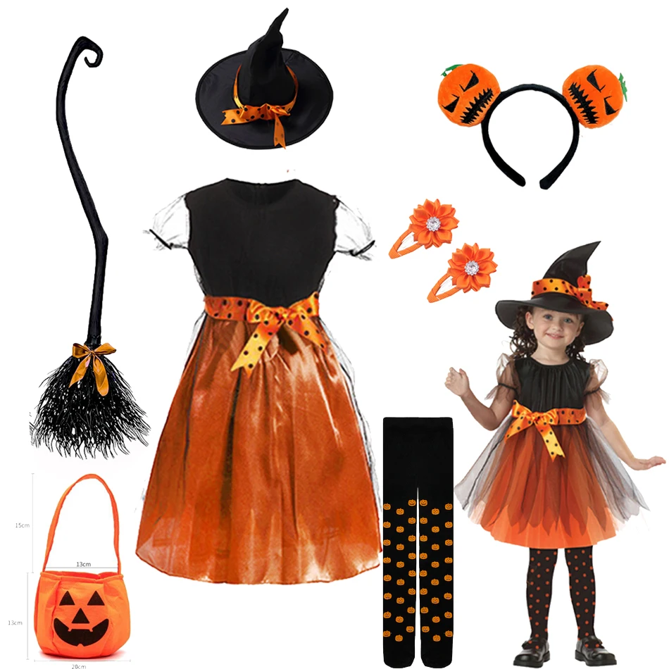 

2023 Kids Girls Halloween Cosplay Witch Costume Teens Baby Girl Gown Baby Witch Dress Clothes Set Hat Pumpkin Bag Tights