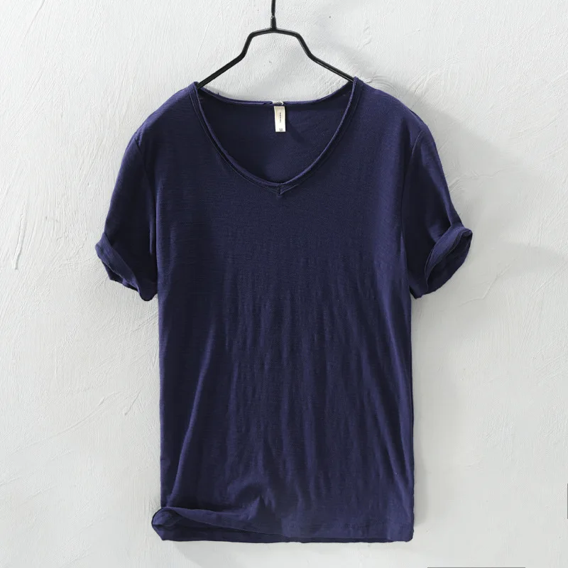 

Japanese Style Harajuku Summer T Shirt Men Tops Tees V-neck Short Sleeve Pure Cotton Breathable Thin T-shirts Korean Clothes