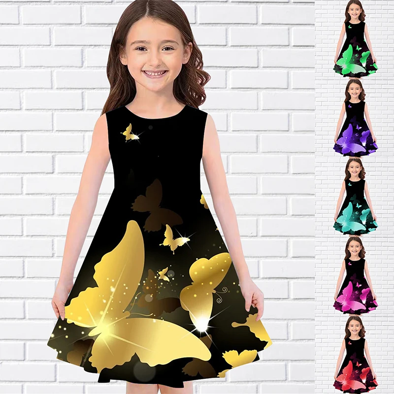 

New Pretty Butterfly Print Summer Sleeveless Girl Dress Casual O-Neck Long Dresses Fashion Girls Dresses For Eid Kids Midi Skirt
