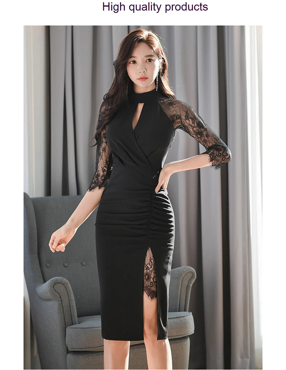 

New 2023 Sexy Women'S Korean Black Lace Slim Fit Fashion Split Knee Length Party Dress Z252