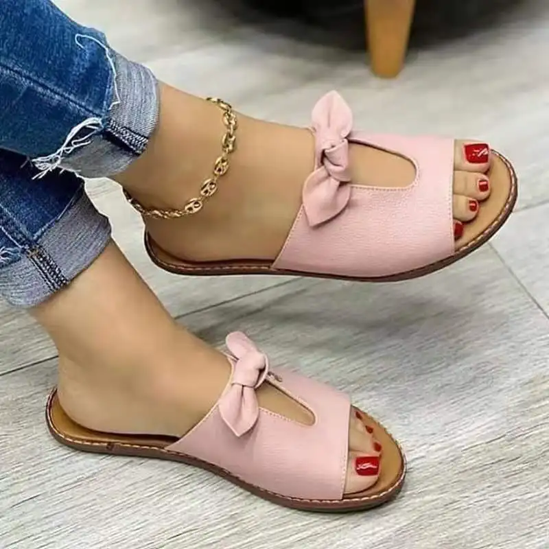 2022 New Summer New Women Leisure Fashion Bow Flat Sandals Sandals Comfortable Soft Bottom Women's Breathable Beach Sandals