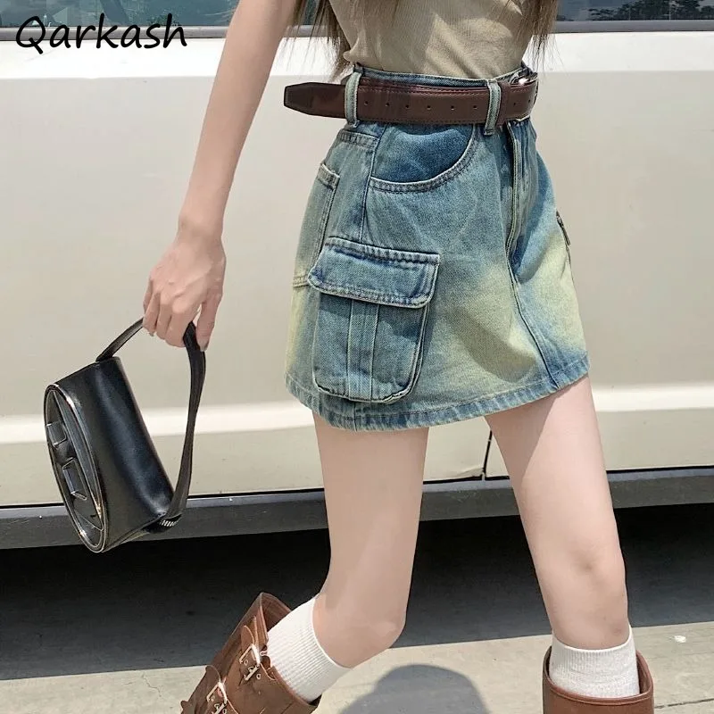 

Cargo Skirts Women Denim Pockets Designs Vintage Hotsweet A-line Cool Girl High Street Mini Retro Popular Streetwear Female Chic