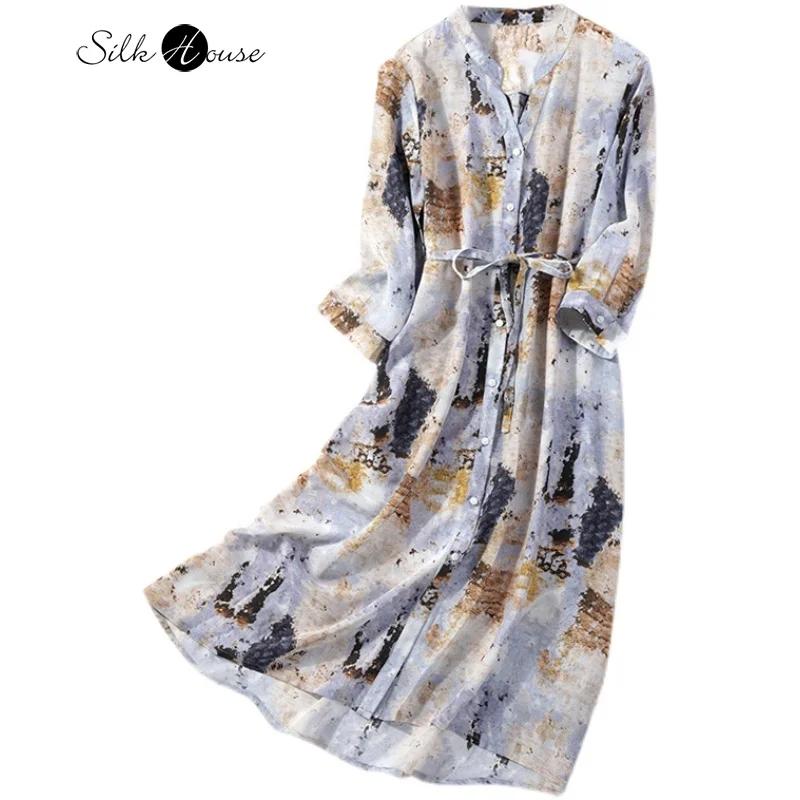 

Silk Dress 2022 New Mulberry Silk Soft Waxy Crepe De Chine Elegant Ink V-neck Medium Length Shirt Skirt Women's Fashion Clothing