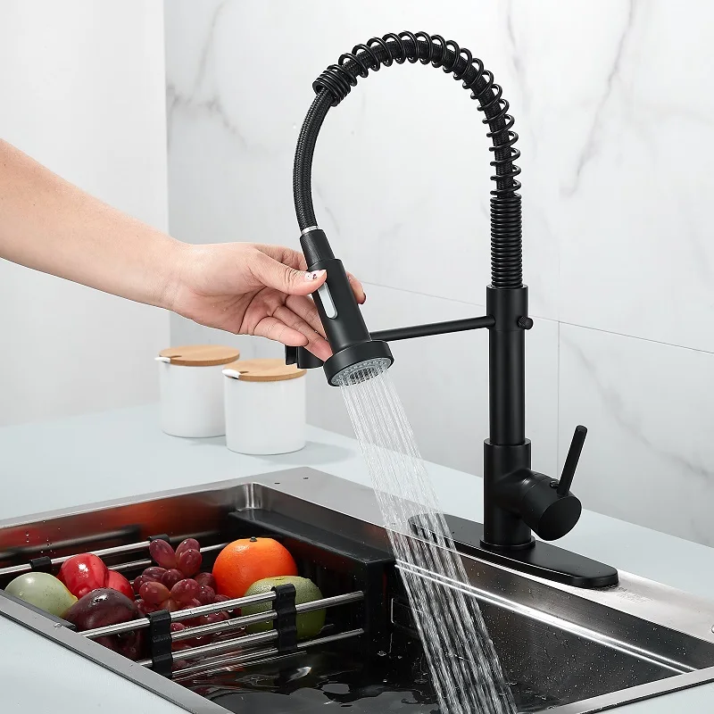 Матовый черный кухонный смеситель для раковины вытяжной с одной ручкой