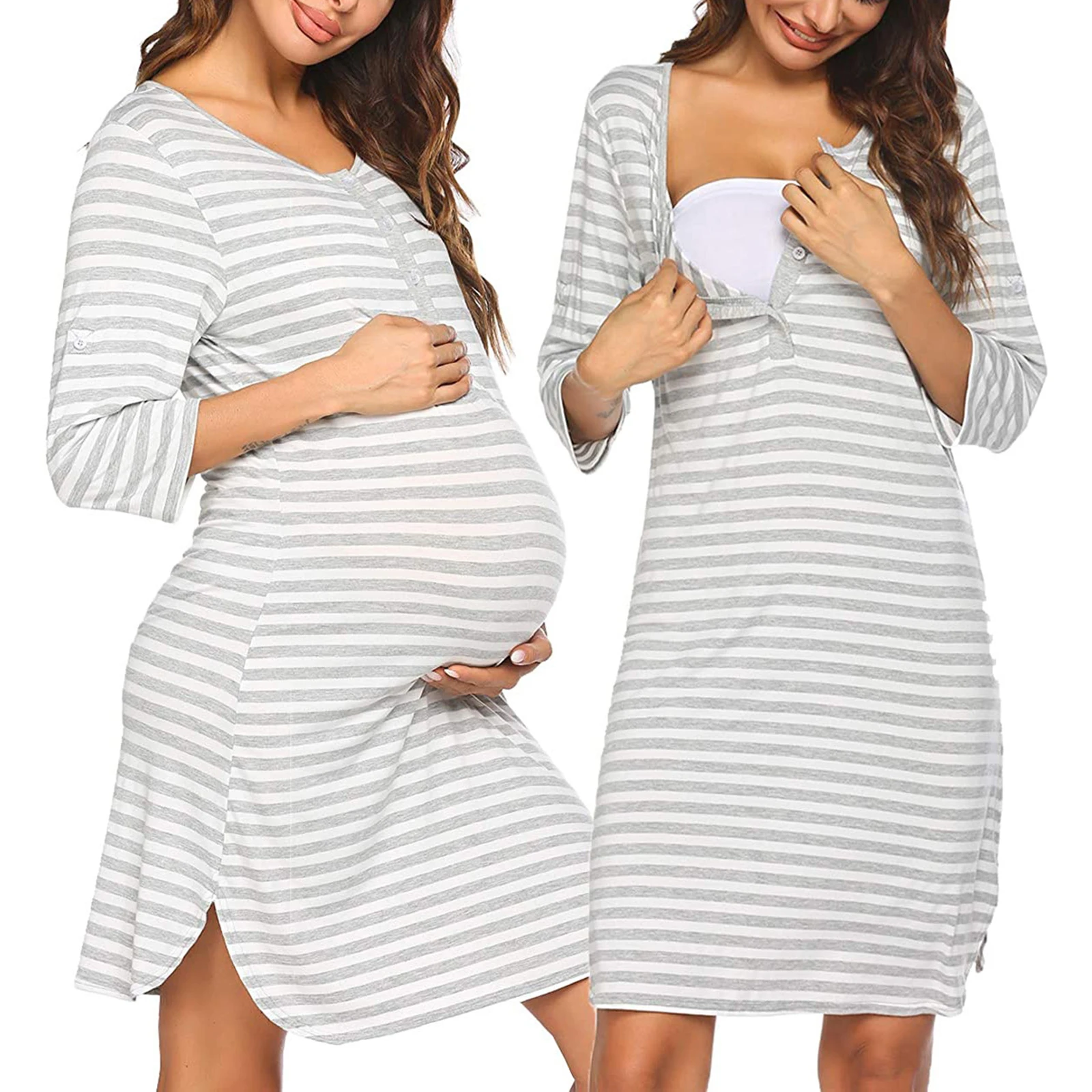 

Pregnant Women Casual Clothing Mid Sleeve Round Neckline Button Closure Front Striped Style Dress for Nursing and Breastfeeding