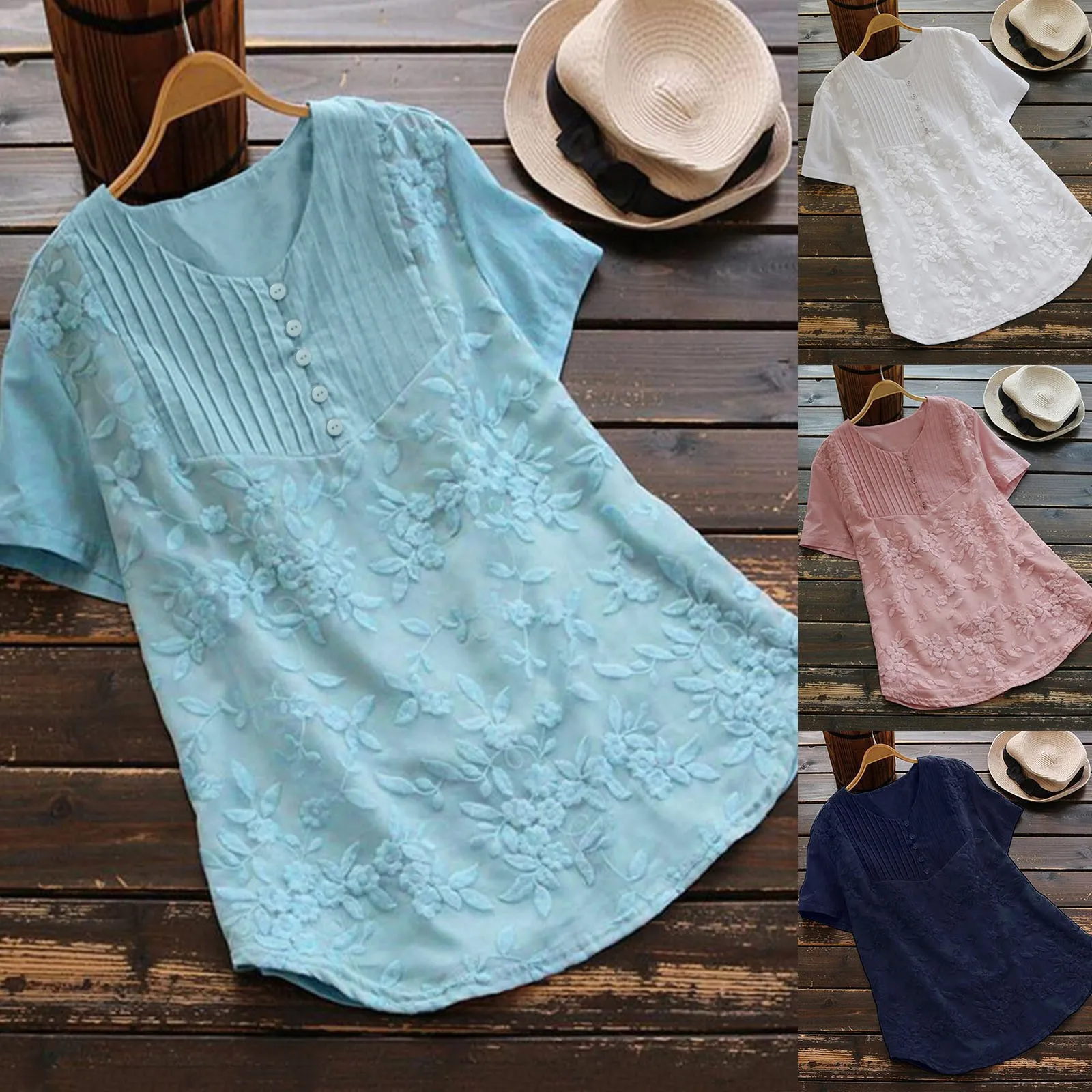 

Elegant Flower Embroidered Blouse Women Casual Short Sleeve Bubtton Loose Plus Size Pink White Short Sleeve Tops Shirts