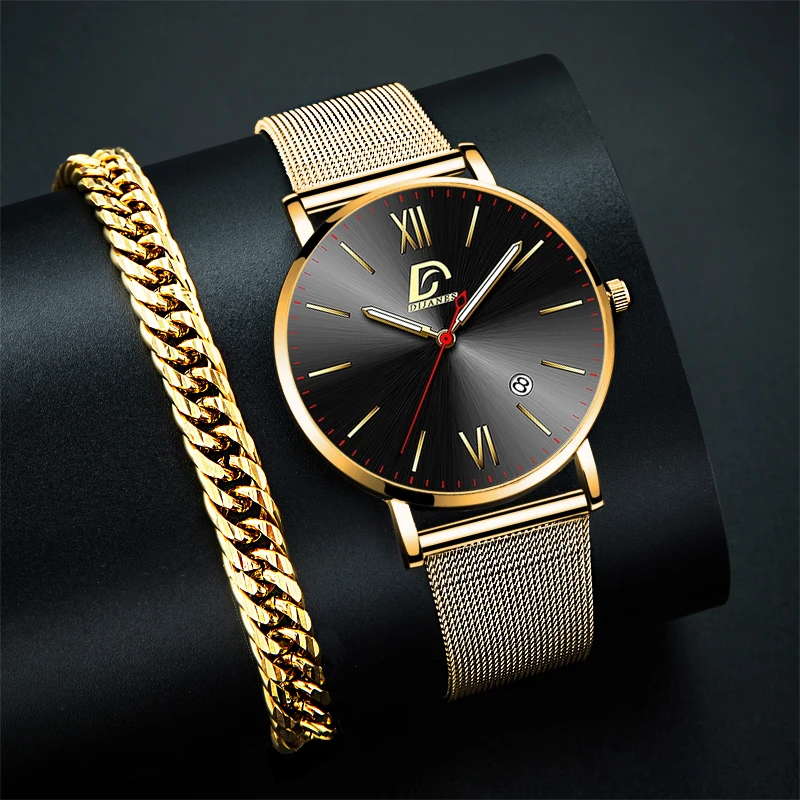 

2022 Mens Watches Luxury Stainless Steel Mesh Belt Quartz WristWatch Men Calendar Luminous Gold Bracelet Clock relogio masculino