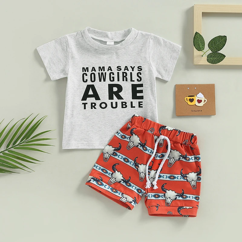 

Toddler Boys Summer Outfit Sets Short Sleeve Letter Print T-shirts Tops + Cattle Head Print Drawstring Shorts