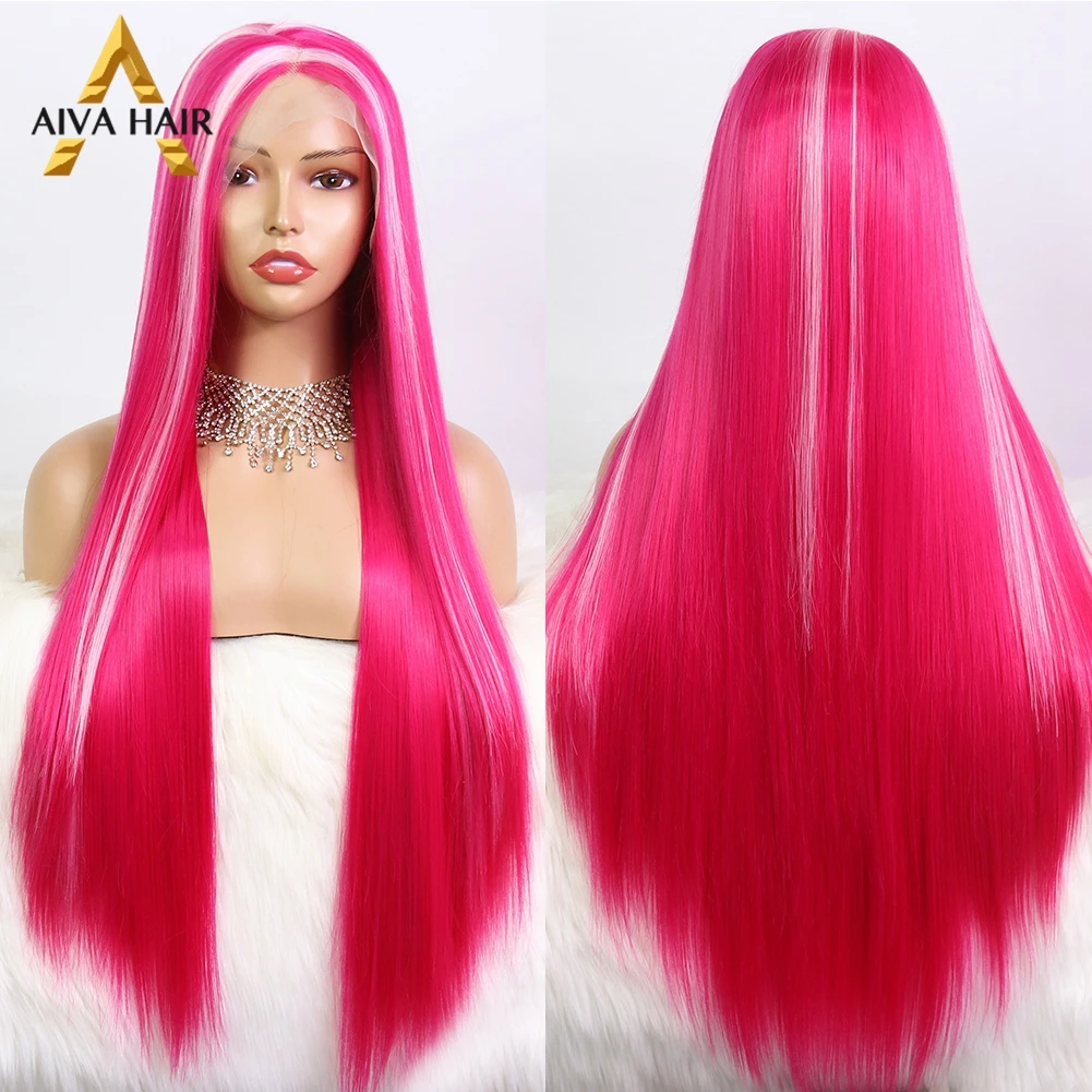 Pink Synthetic Lace Front Wig Aiva White Long Straight Lace Front Wig Heat Resistant Yellow Synthetic Wigs For Black Women